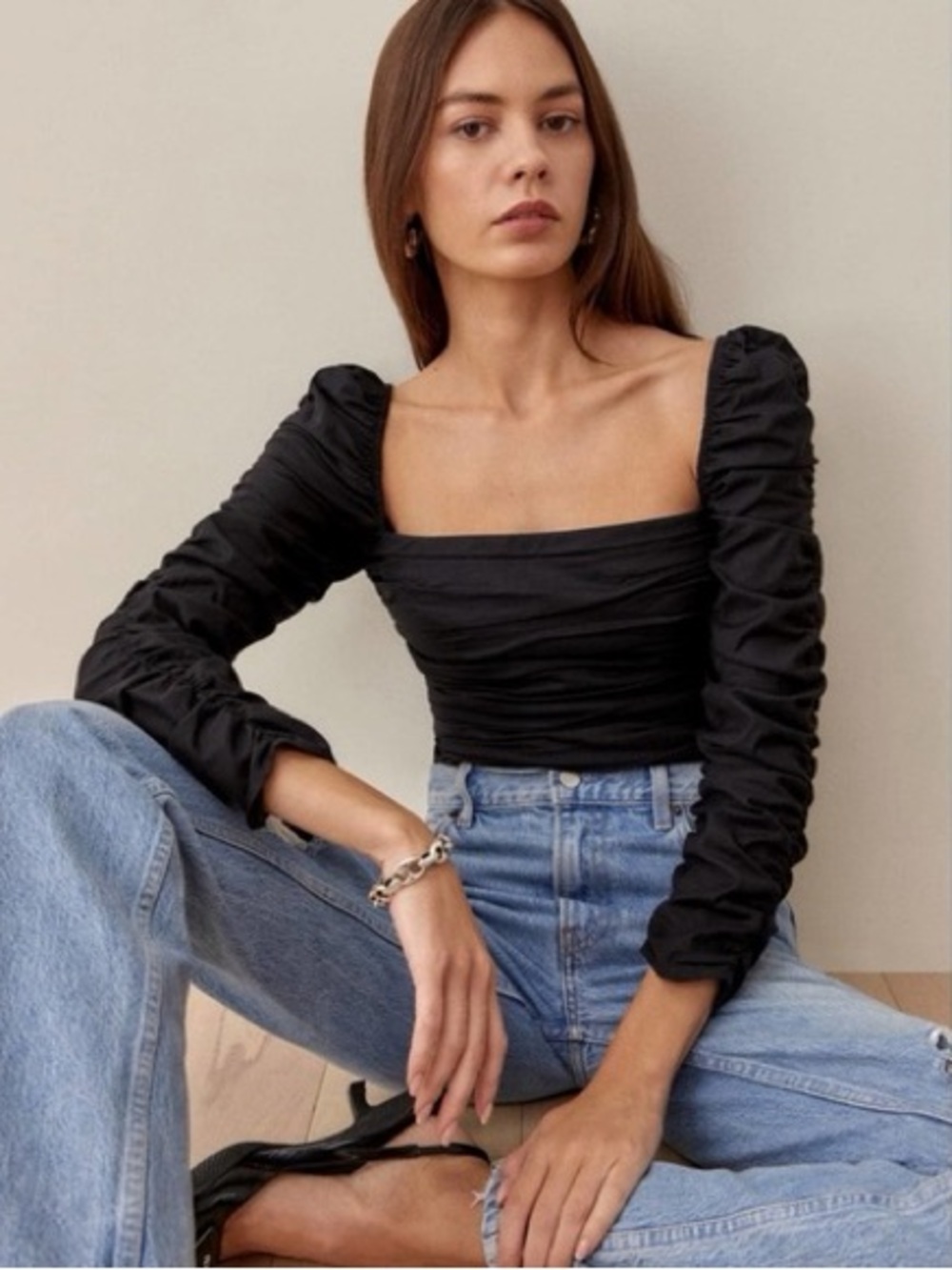 Reformation Joi Black Ruched Square Neck Long Sleeve Top Sz US 12